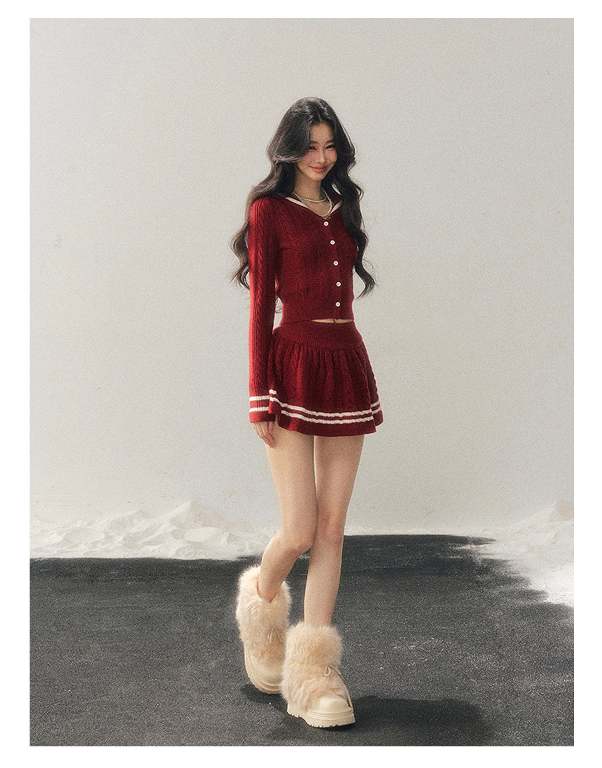 少也眼 "Whispers of the Evening Breeze" Collegiate Red Knit Two-Piece Set