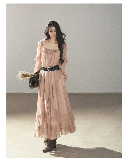 AOMALM - "Waiting for Sunset" Soft Pink French Ruffle Maxi Dress with Belt