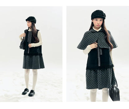 "Berlin Winter Chronicle" Black Polka Dot Capelet & Pinafore Dress Set