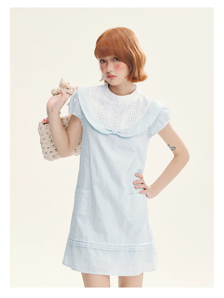 "Sea Salt Fizz" Baby Blue Cutout Embroidered Peter Pan Collar Puff Sleeve A-Line Dress