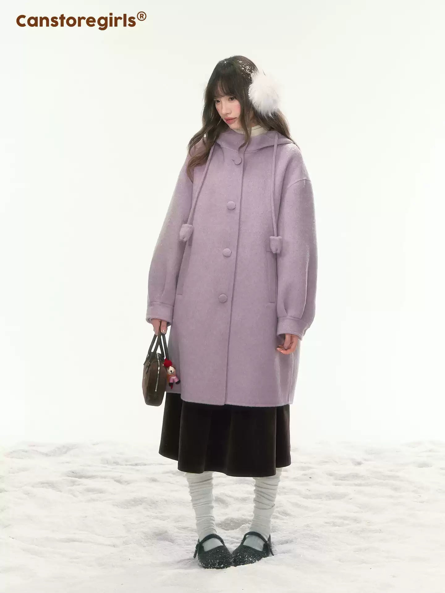 “Soft Mist Tulip” Purple Long Hooded Wool Coat WW2025446