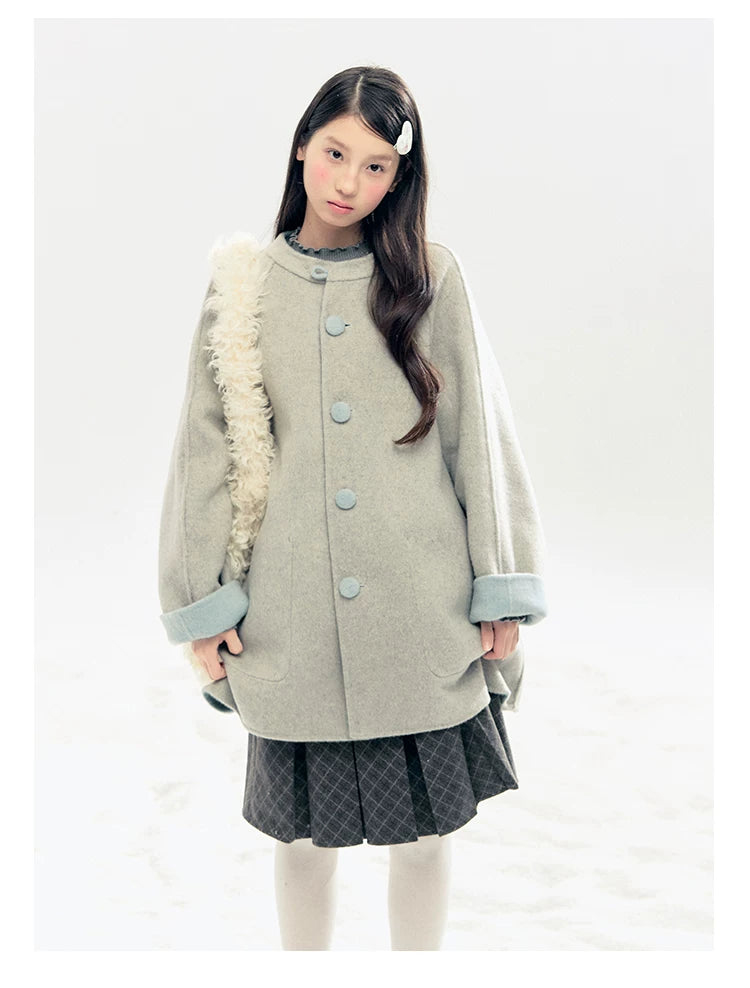 "Double Winter Embrace" Blue & Gray Reversible Wool-Blend Cape Coat
