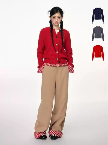 PCH - Tri-Color Layered Knit Cardigan with Contrast Panels (Red)