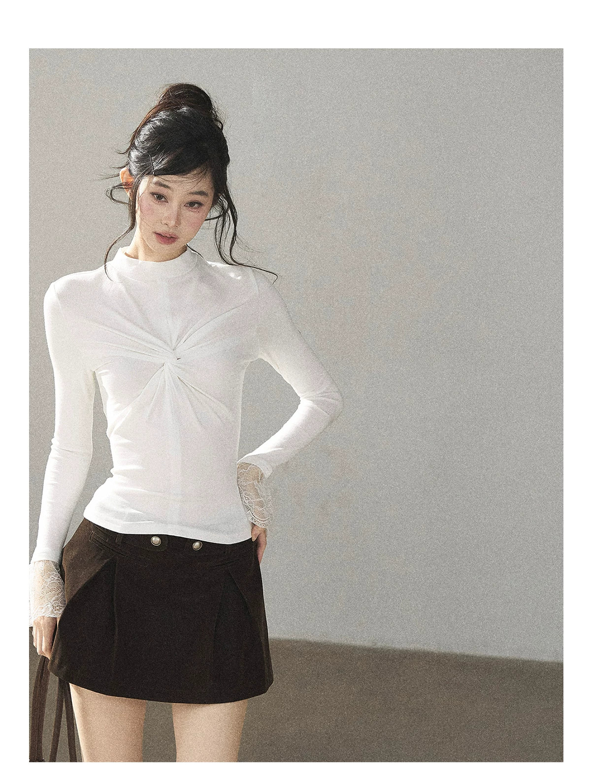 AOMALM - “Pleated Afterglow” Creamy Almond Twist-Front Mock Neck Long-Sleeve Top