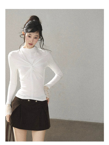 AOMALM - “Pleated Afterglow” Creamy Almond Twist-Front Mock Neck Long-Sleeve Top