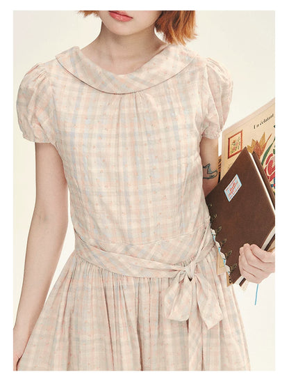 "Showa Girl" Vintage Plaid Floral Print Peter Pan Collar Bow Waist-Defined A-Line Dress