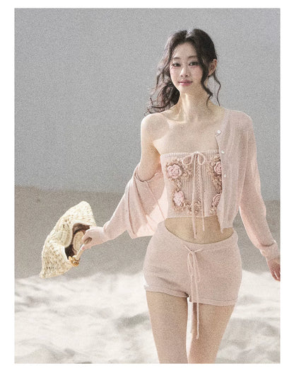 "Forest After Rain" Dusty Rose 3-Piece Cardigan & Shorts Set 45236485