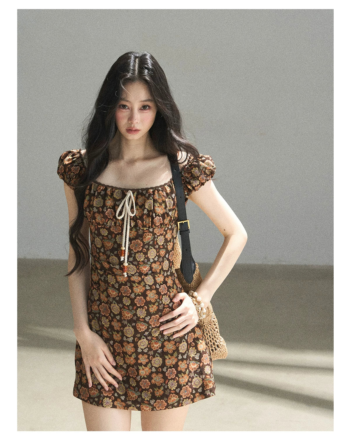 "Wildflowers & Freedom" Mocha Mousse Floral Puff Sleeve Mini Dress