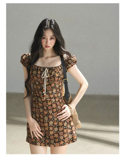 "Wildflowers & Freedom" Mocha Mousse Floral Puff Sleeve Mini Dress