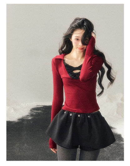 少也眼 “Silent Afterecho” Bow-Detail Top - Deep Wine Red