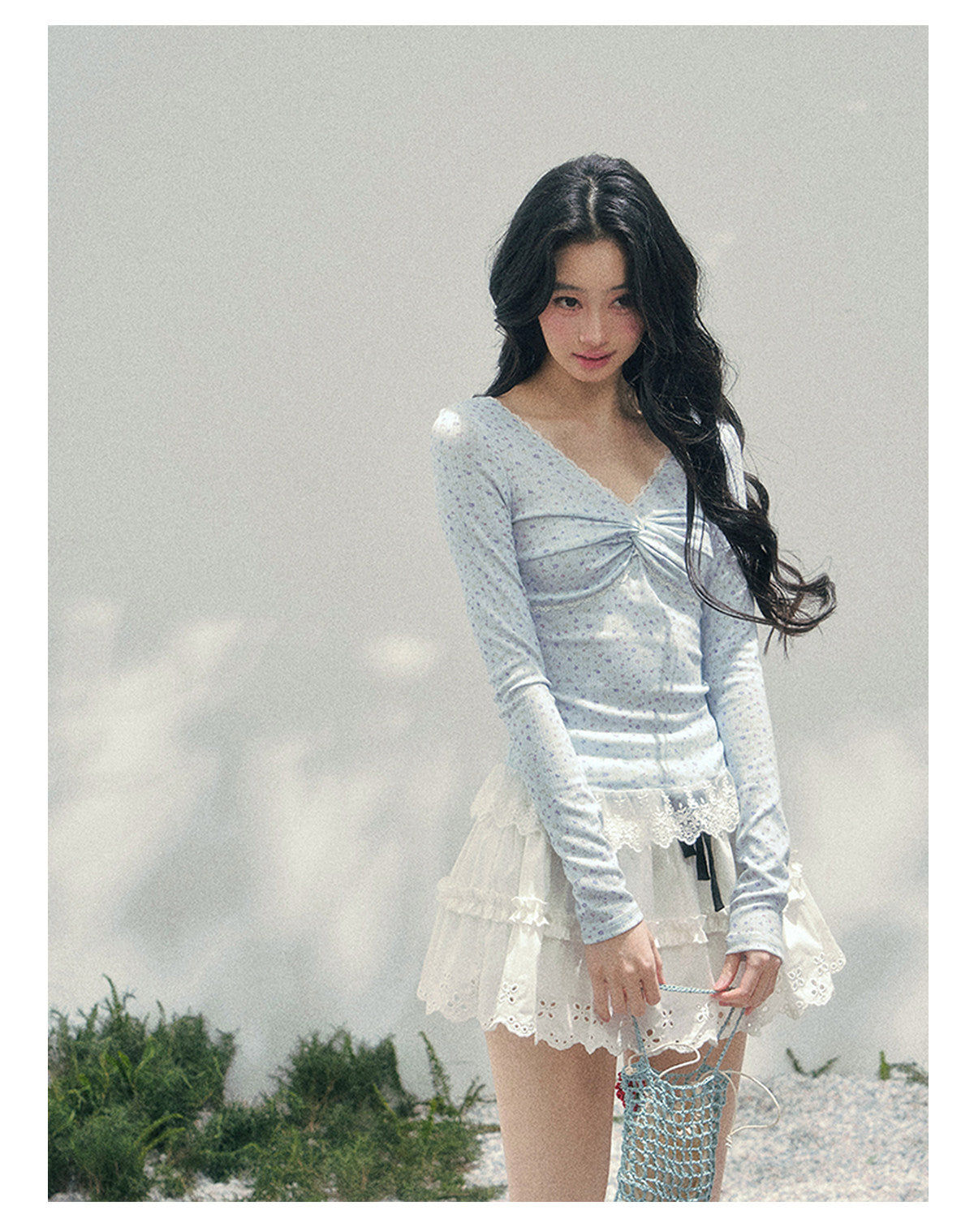 少也眼 "Heartbeat Pause" Baby Blue Back Lace Cut-Out Top 53685634