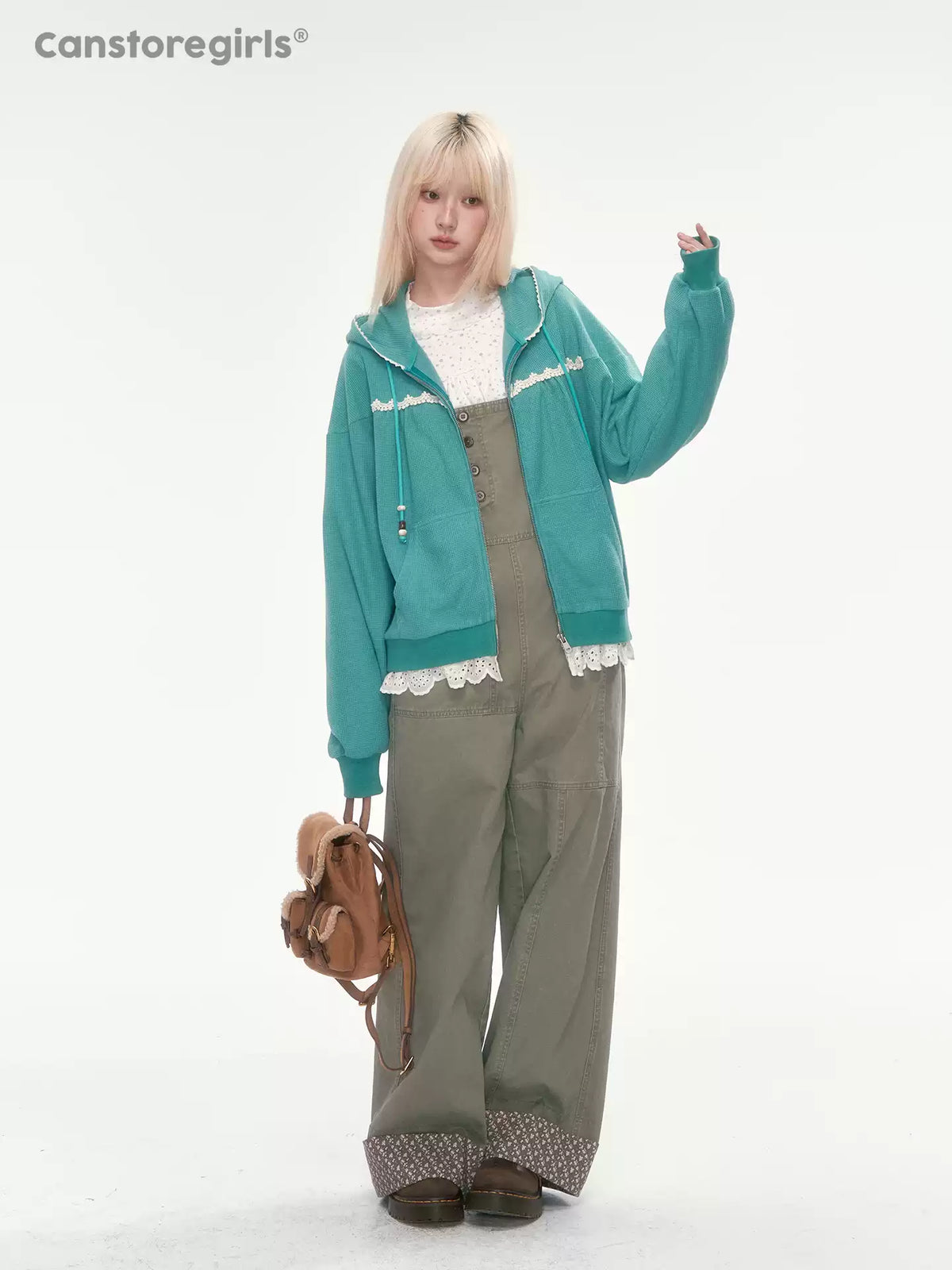 [CAN] Green Lace-Trim Waffle Knit Zip-Up Hoodie