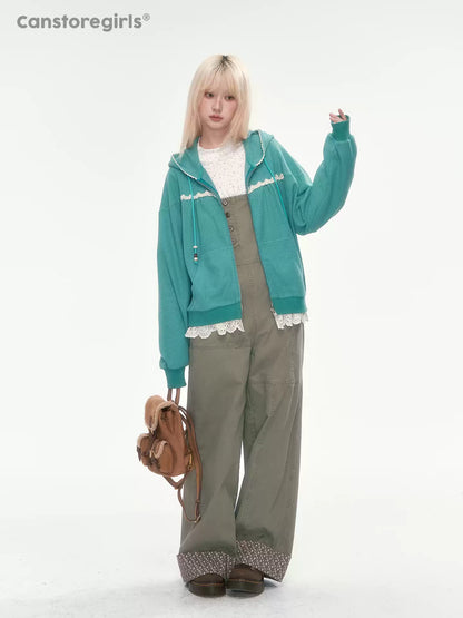 [CAN] Green Lace-Trim Waffle Knit Zip-Up Hoodie
