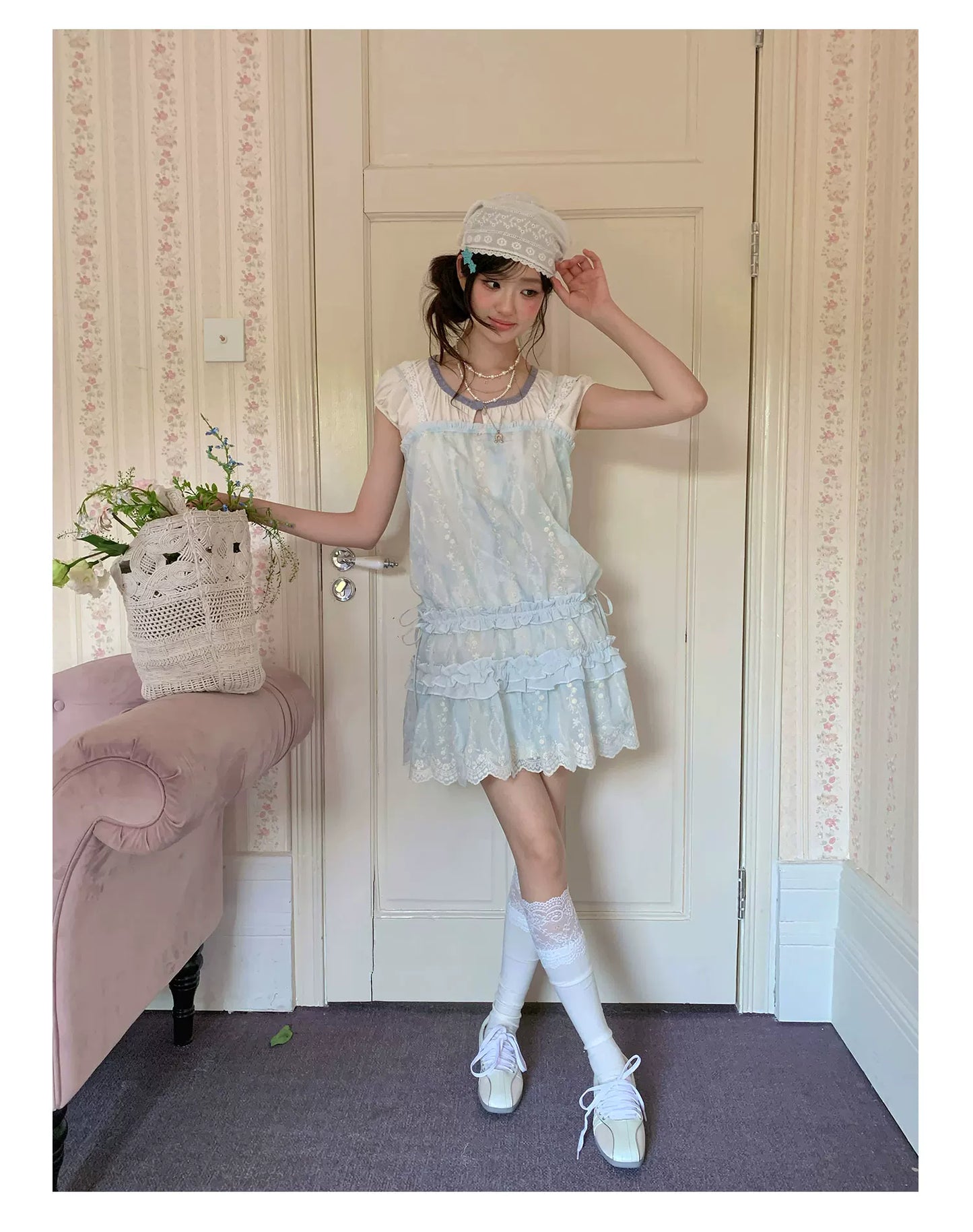 “Summer Dreamloom” Blue Lace Tiered Dress Set (Inner Top + Slip Dress)