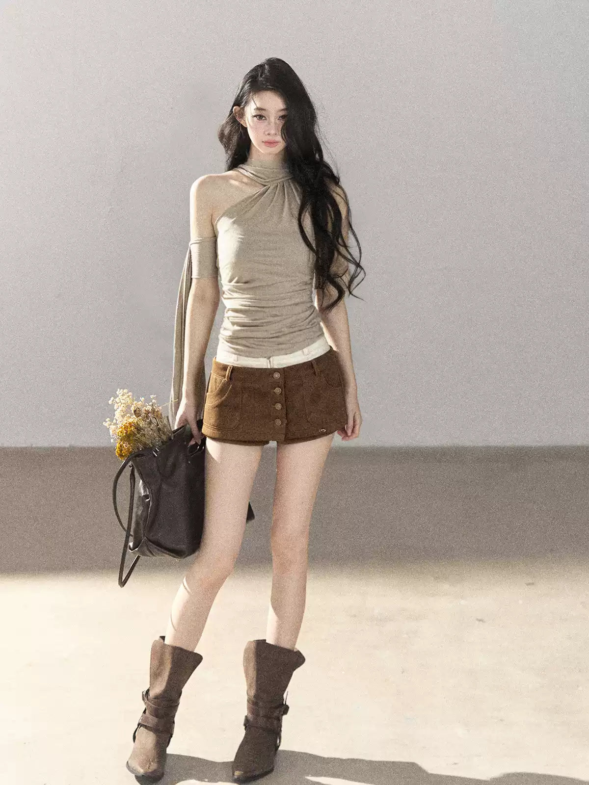 AOMALM - Halter Neck Off-Shoulder Cropped Tee in Milk Tea