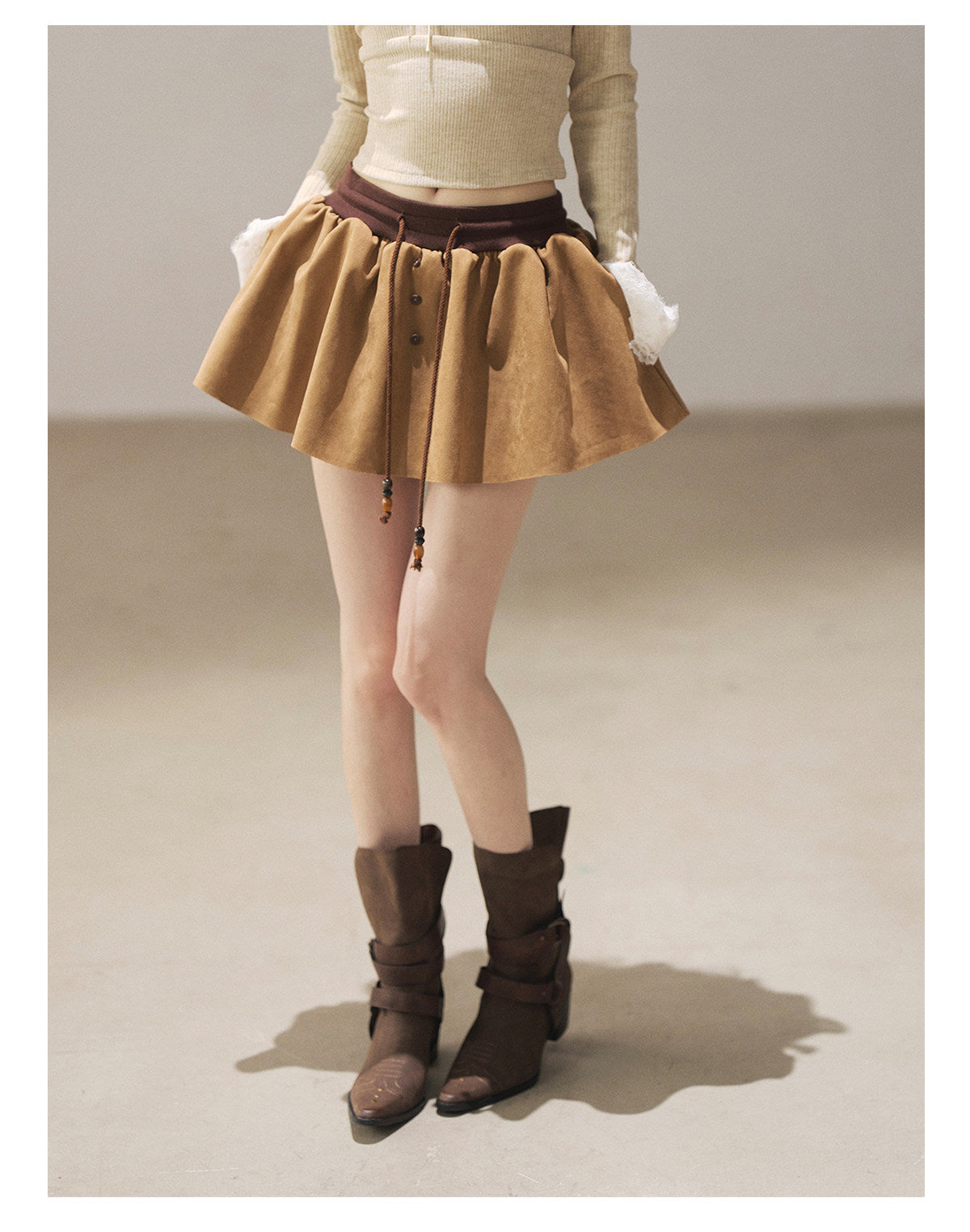 170726 "Wrapped in the Autumn Breeze" Roasted Pecan Suede Wrap Mini Skirt