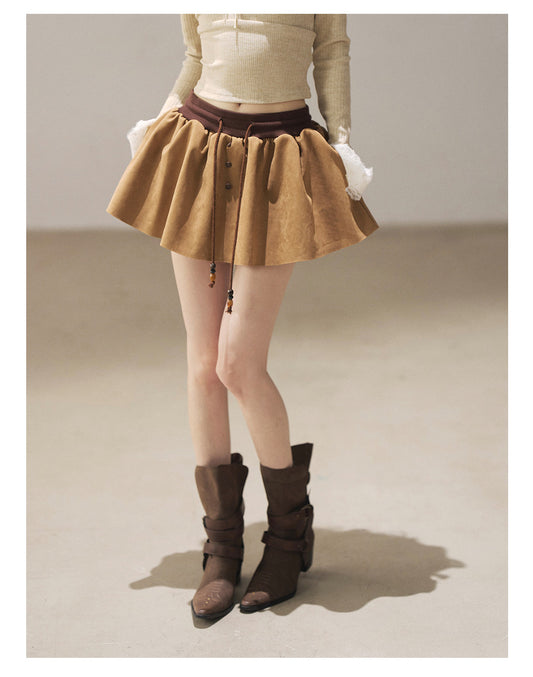 170726A "Wrapped in the Autumn Breeze" Roasted Pecan Suede Wrap Mini Skirt