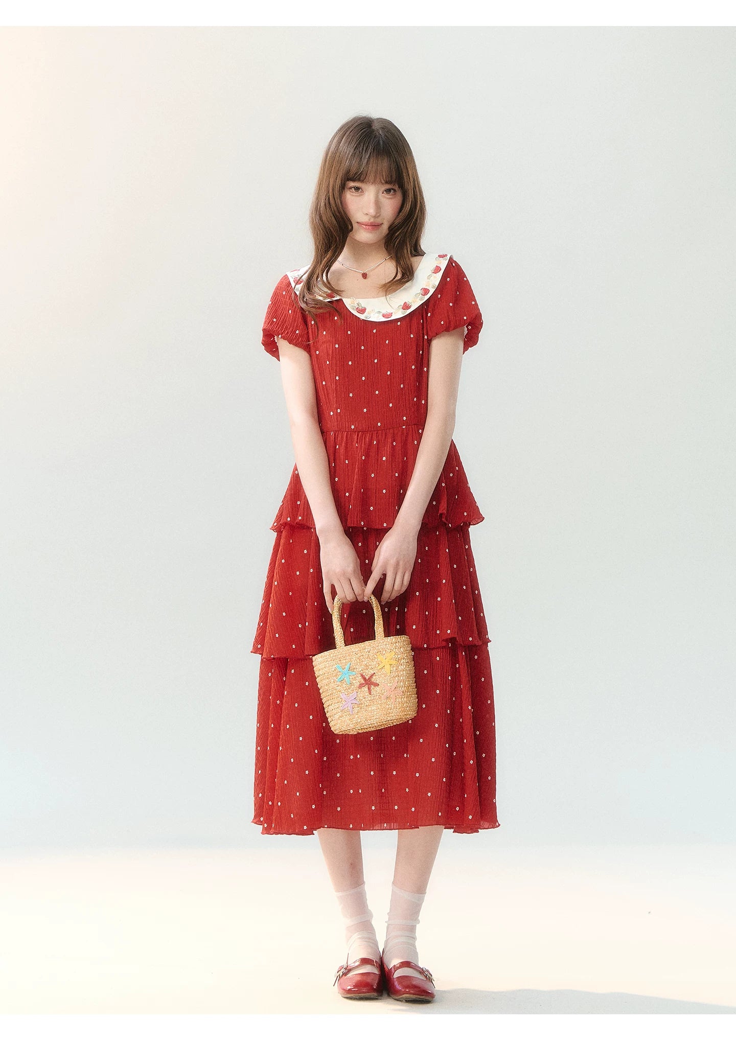 "Strawberry Waltz Letter" Red Tiered Doll Collar Dress LL2026225