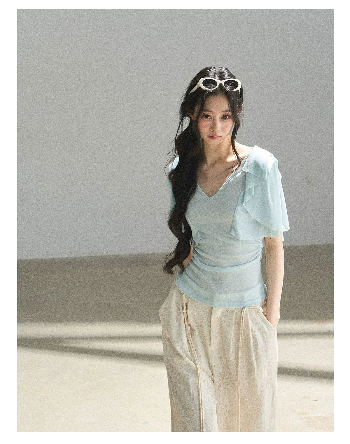 "Where Clouds Fall" Ruffle Sleeve V-Neck Crop Top (Forest Green/ Sage Gray/ Misty Blue/ Cinnamon Pink)