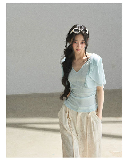 "Where Clouds Fall" Ruffle Sleeve V-Neck Crop Top (Forest Green/ Sage Gray/ Misty Blue/ Cinnamon Pink)