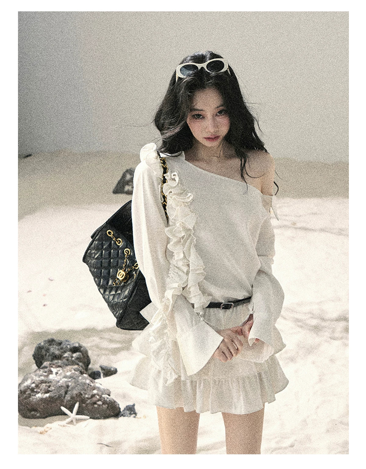 "Petals of Early Summer" Mist White Ruffle One-Shoulder Cake Dress (With Belt) 58648