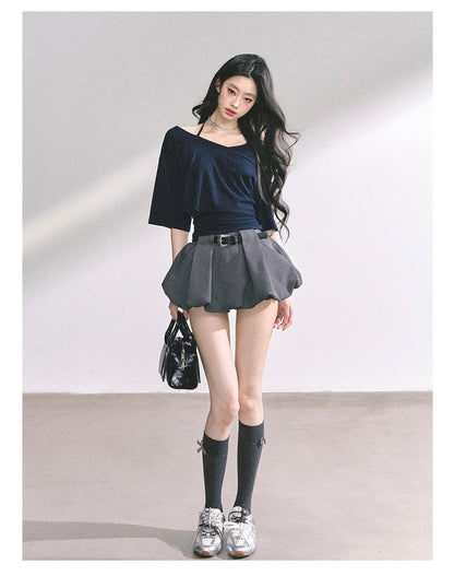 少也眼 “Smart Relax” Asymmetric Halter Short Tee - Navy