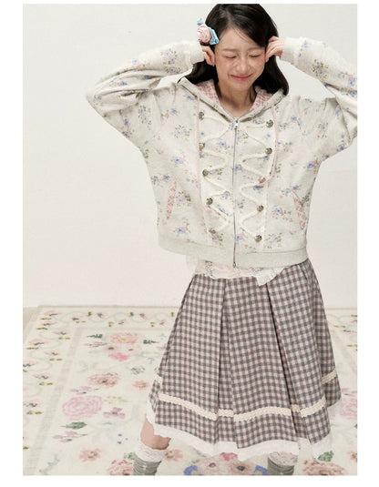 [RF] Vintage Floral Waffle Knit Hoodie Cardigan with Gingham Lining