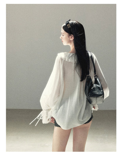AOMALM - "A Featherlight Touch" French Camellia White Lace Chiffon Top with Belt (Camellia / Oatmeal / Cinnamon Pink)