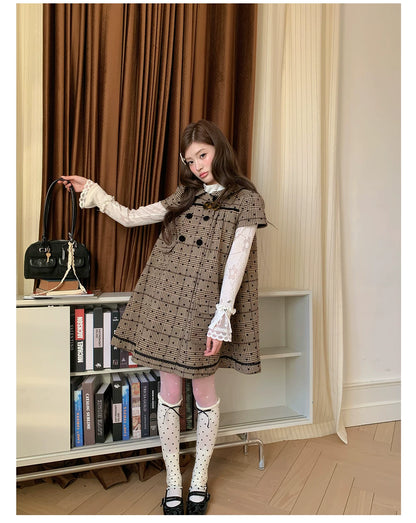 “Hazel Rococo Reverie” Khaki Plaid Polka Dot Dress