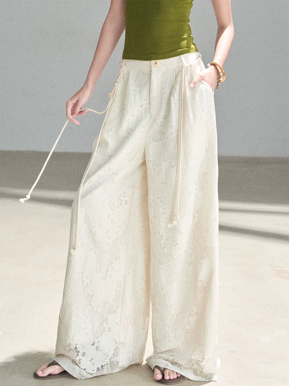"A Love Letter to Sunlight" Dutch Cream Lace Wide-Leg Pants (With Matching Waist Rope)