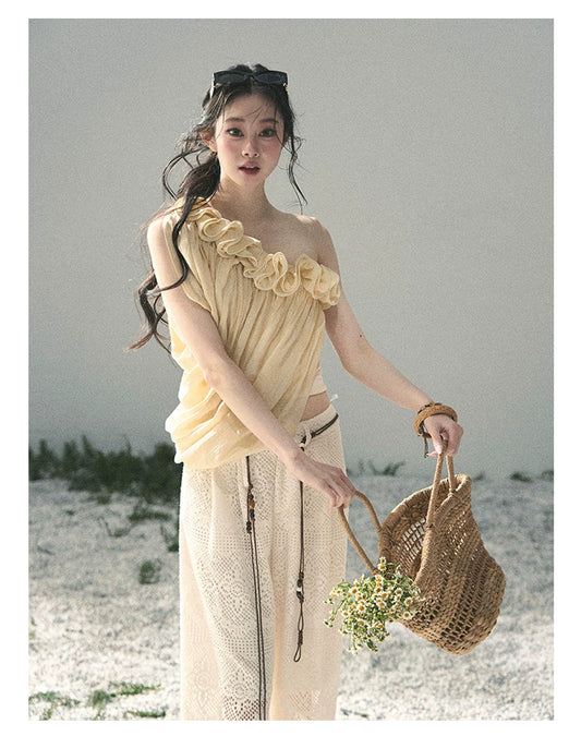 “Where Spring Petals Fall” Milkshake Yellow Ruffle Off-Shoulder Top