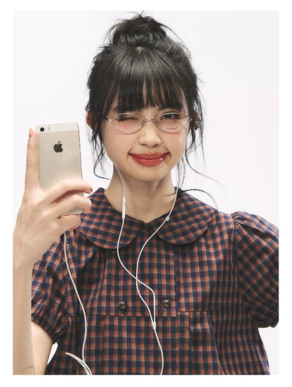 "Retro Plaid Sweetheart" Navy Orange Check Cotton Peter Pan Collar Blouse