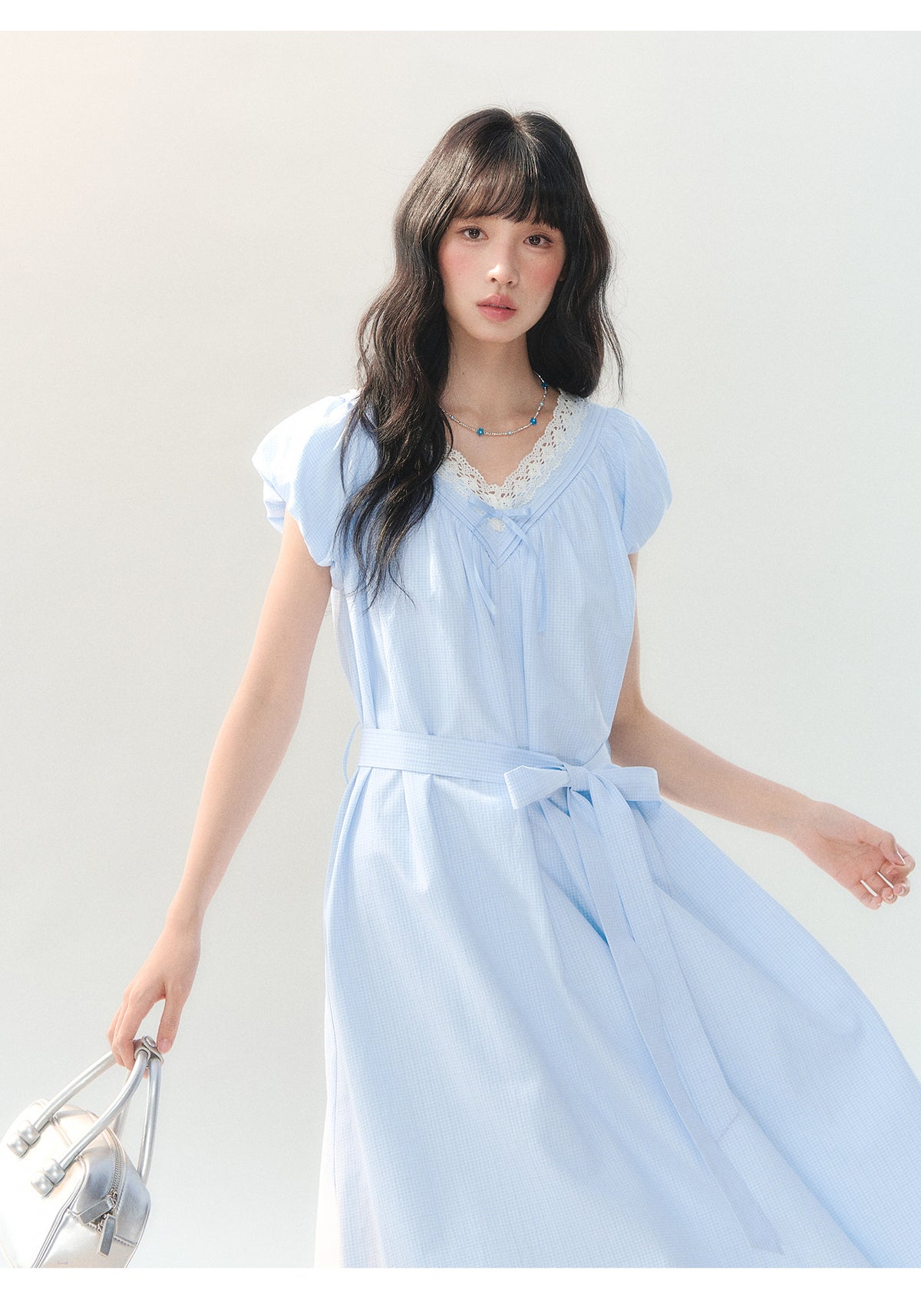 [CAN] "Cloud Daydream" Sky Blue Plaid Lace V-Neck Puff Sleeve Dress