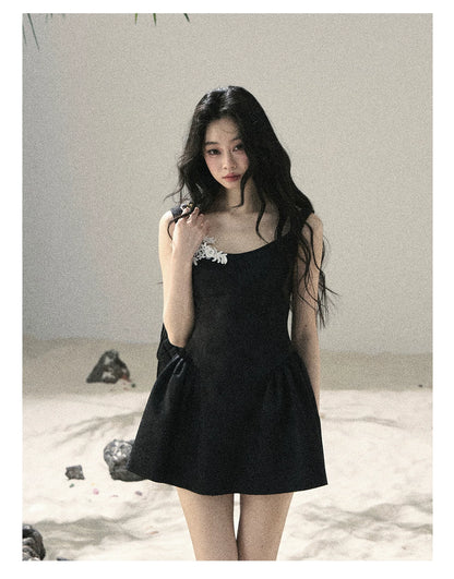 "Wisteria Climbing the Vines" Black Iris Floral Lace Puff Mini Dress 7645