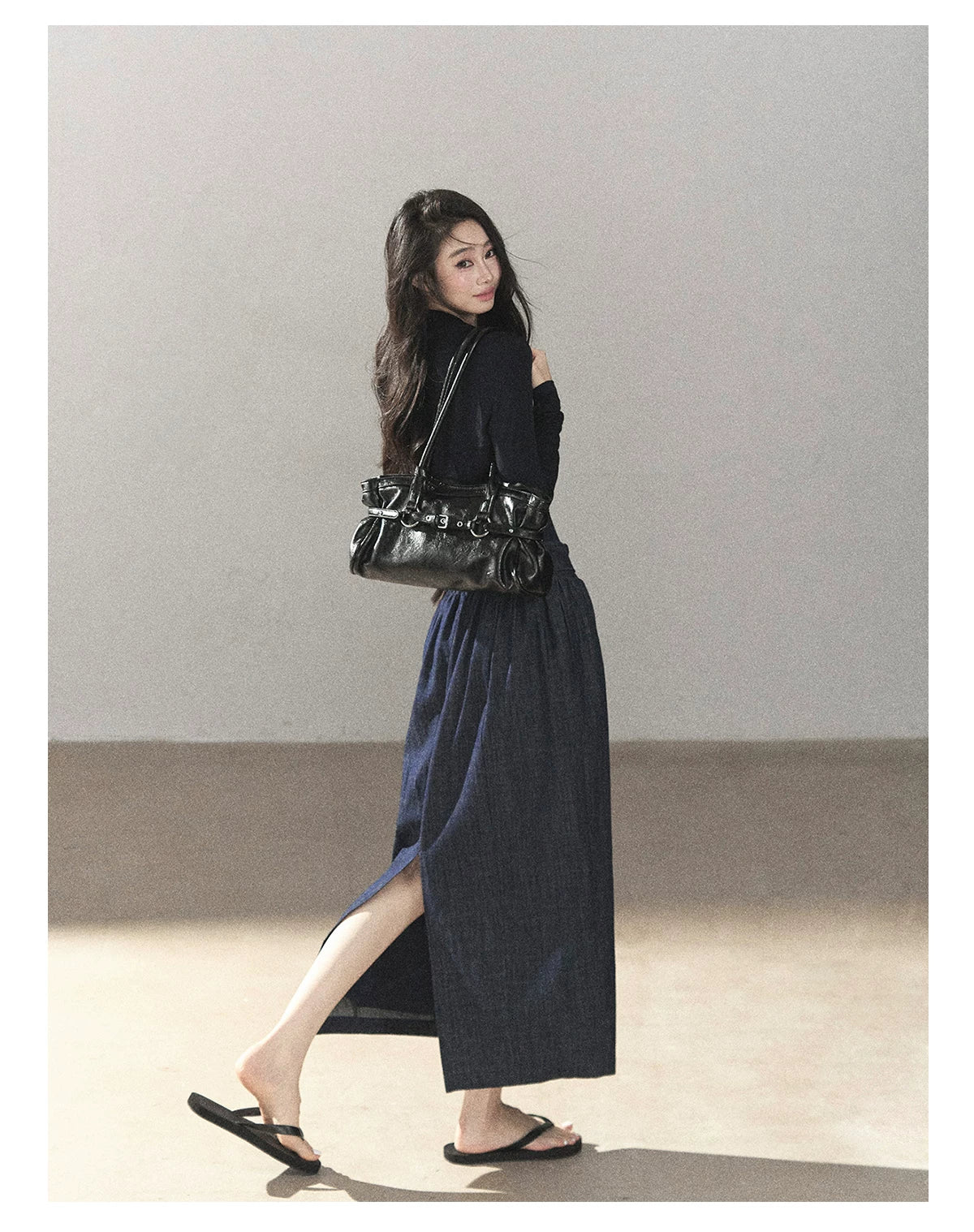 AOMALM - Navy Denim Long Dress with Matching Cardigan & Side Slit