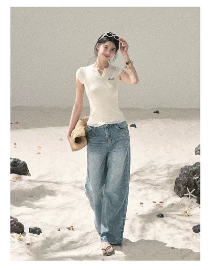 "Starlit River Shimmer" Distant Sky Blue Rhinestone Wide-Leg Jeans 65633
