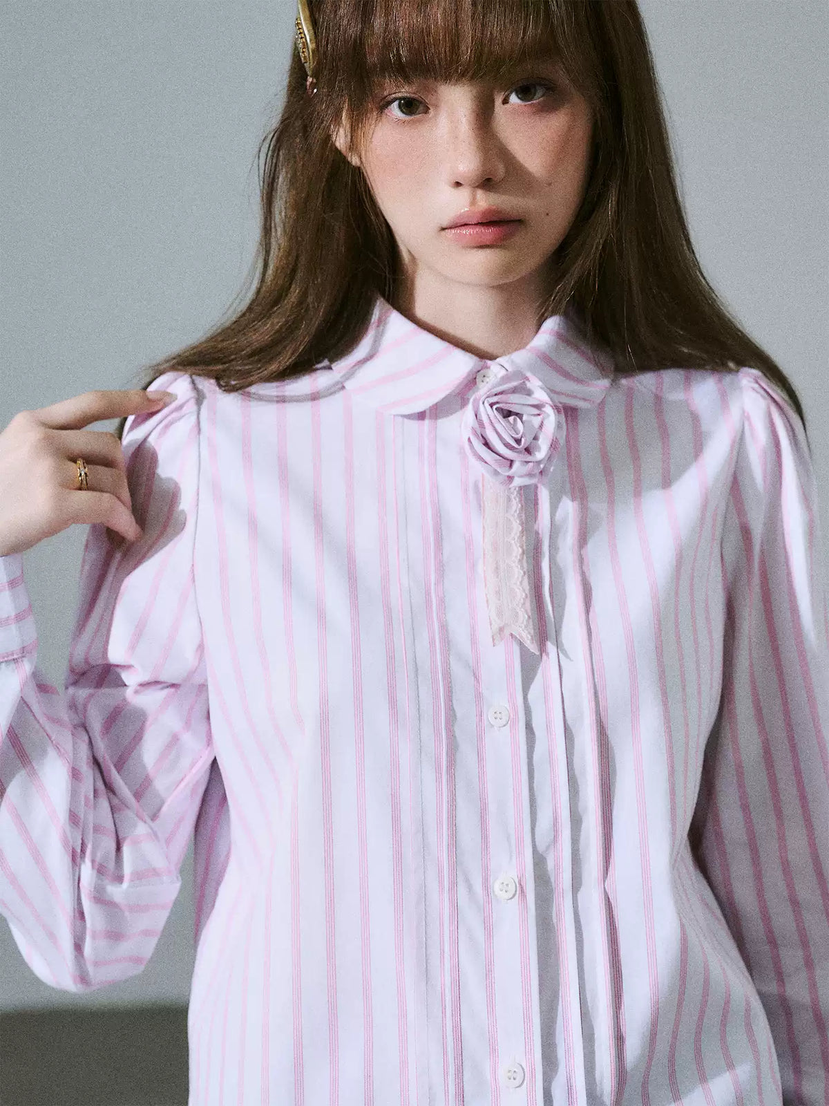 LOST FOREST - Flower Brooch Linen-Blend Shirt (Blue Stripe / Pink Stripe / Polka Dot)