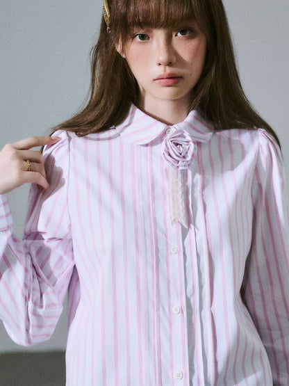 LOST FOREST - Flower Brooch Linen-Blend Shirt (Blue Stripe / Pink Stripe / Polka Dot)