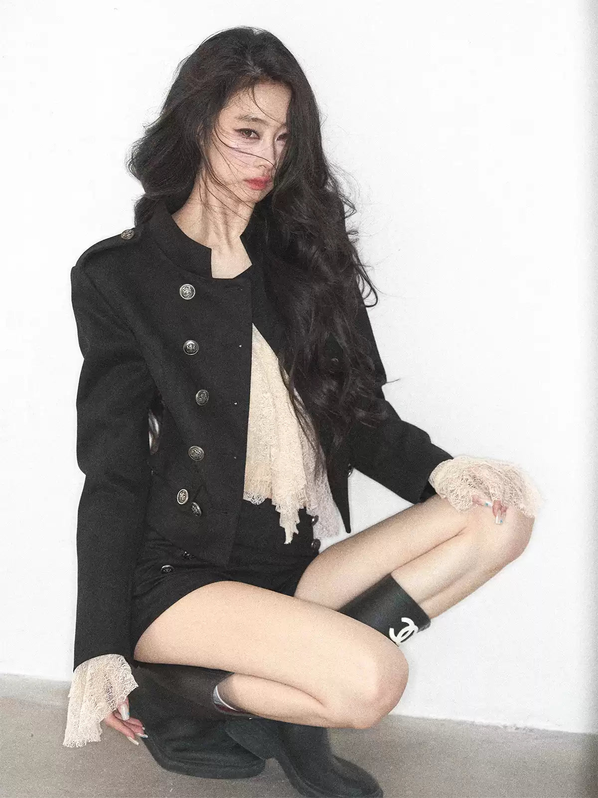 AOMALM - Black Napoleon-Style Jacket & Shorts Set with Milk Tea Top