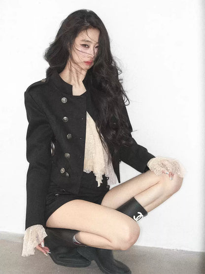 AOMALM - Black Napoleon-Style Jacket & Shorts Set with Milk Tea Top