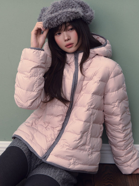 Soote Season - Cloud Pink Star Embroidered Lightweight Hooded Puffer Jacket