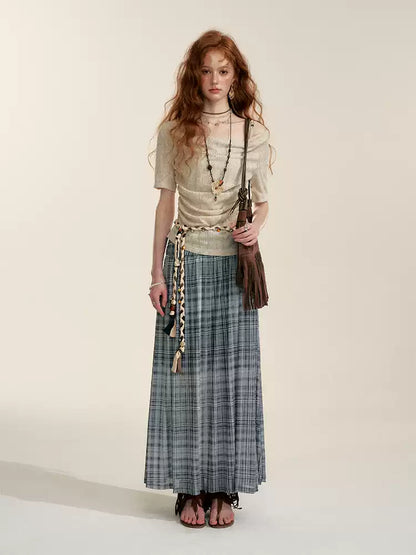 Gray Contrast Plaid A-Line Maxi Skirt
