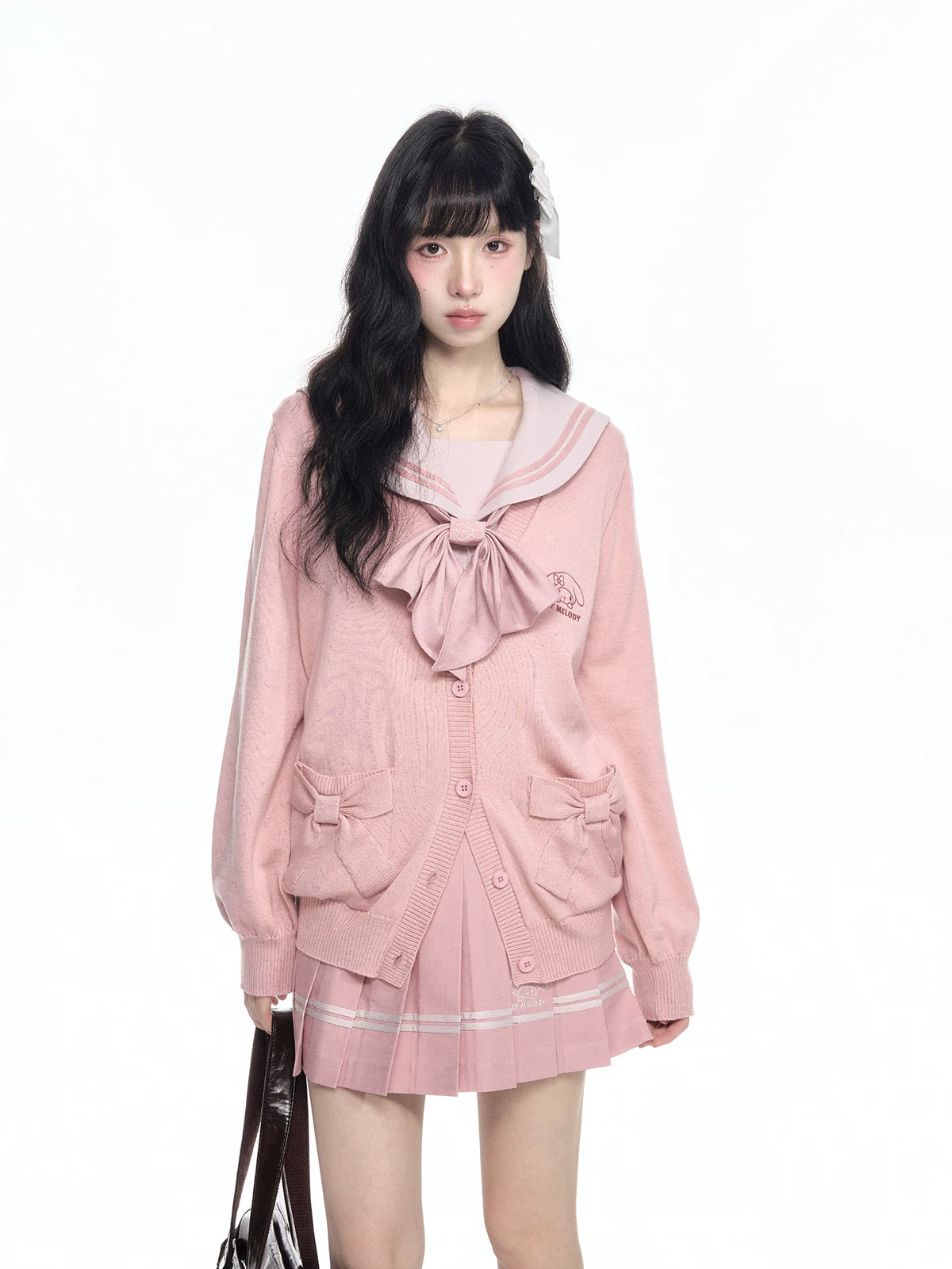 “Melody Blush” Pink Knit Cardigan & Sailor Uniform Set