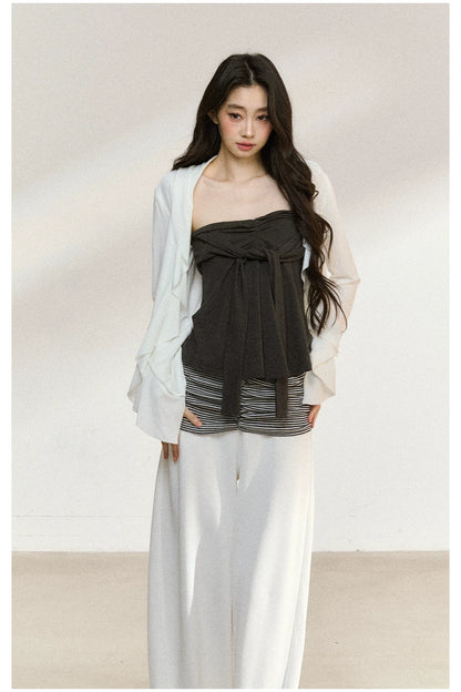 JN's DESIGN - White Wide-Leg Pants with Contrast Striped Waistband