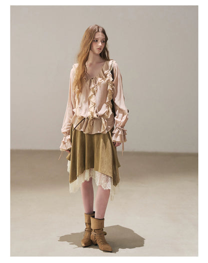 AOMALM - "A Featherlight Touch" French Camellia White Lace Chiffon Top with Belt (Camellia / Oatmeal / Cinnamon Pink)