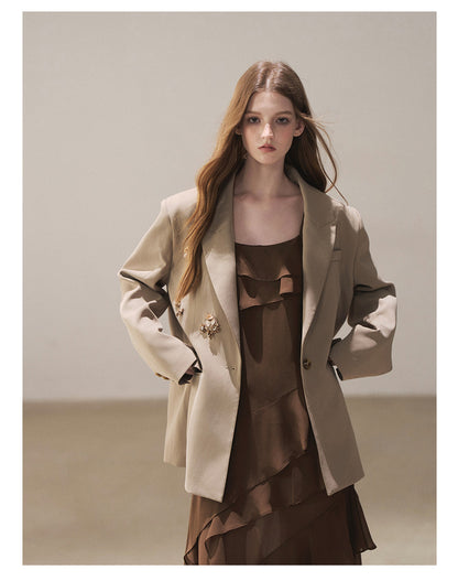 170726 "Whispers Beneath the Brown Skirt" Mocha Mousse Ruffle Cami Mini Dress + Gray Taupe Tailored Blazer