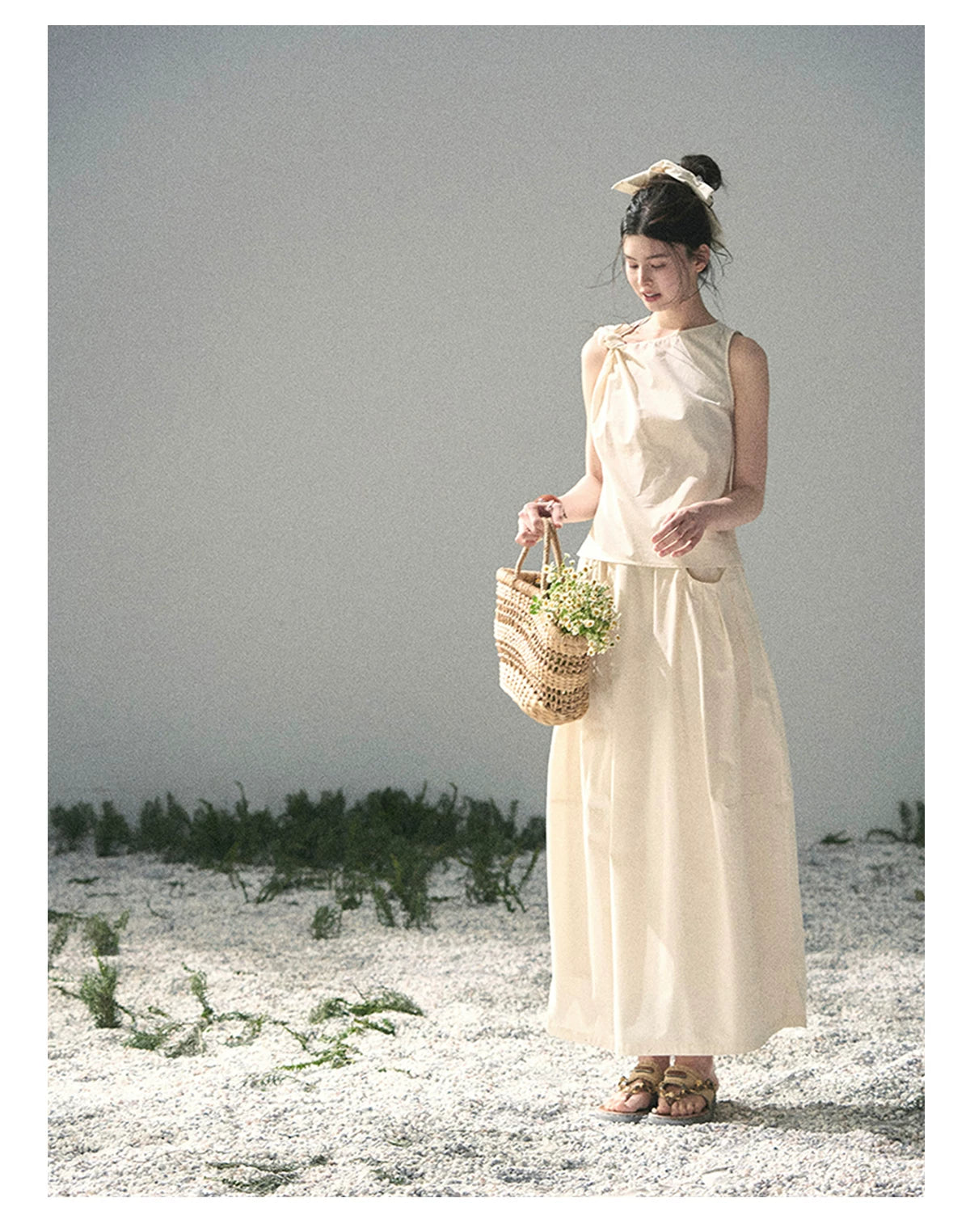 “Ivory Pleated Verse” Soft White Asymmetrical Twist Top & Skirt