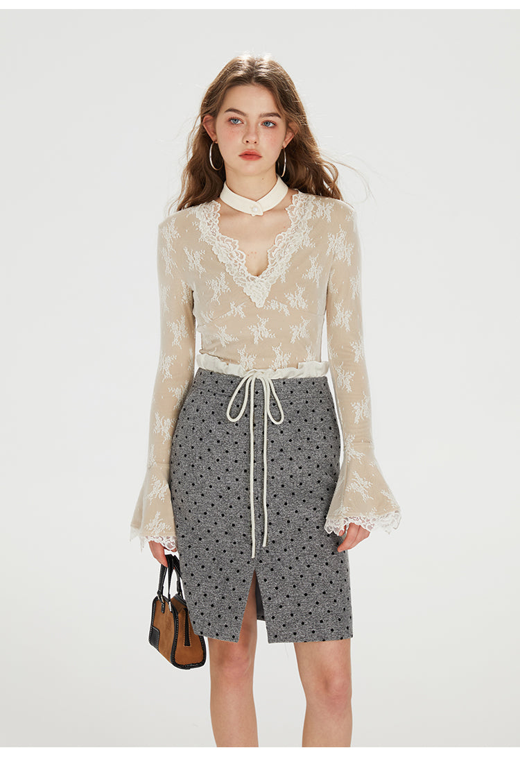 French Lace V-neck Knitted Top
