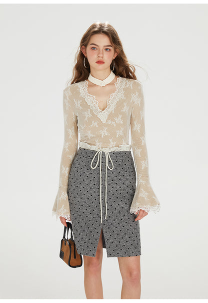 French Lace V-neck Knitted Top
