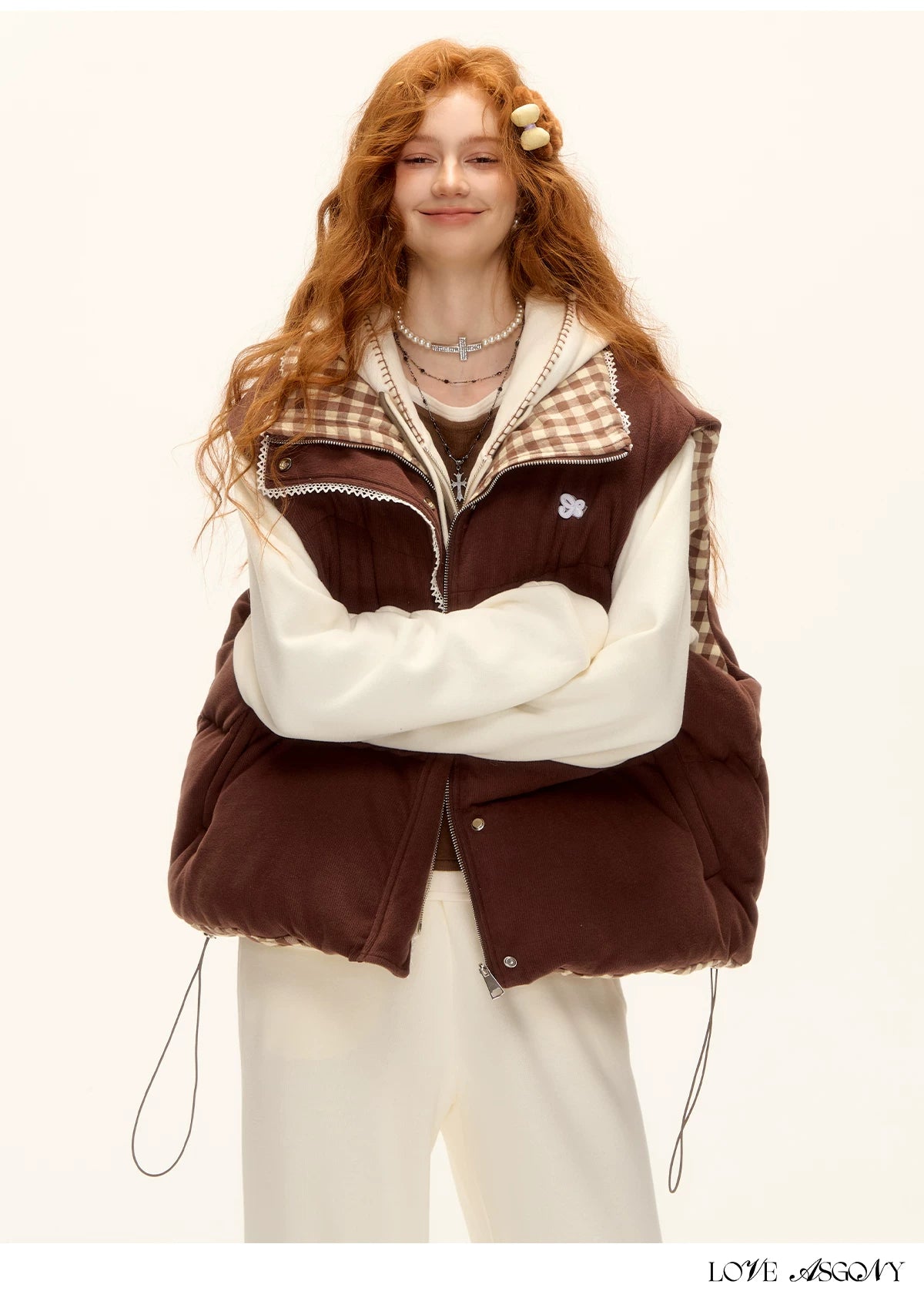 ASGONY - Reversible Plaid Lace-Trim Quilted Vest (Brown / Gray)